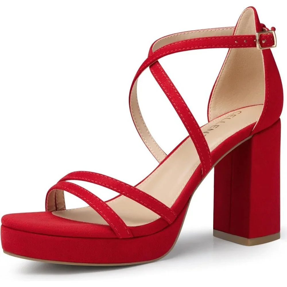 Women's Red-Suede Sandal Stylish Comfortable Chunky Blocked Strappy Heel Shoe